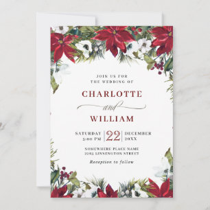 Invitation Elegant Red Poinsettia Pine Fir Watercolor Wedding