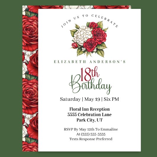 Invitation Elegant Red Rose 18th Birthday