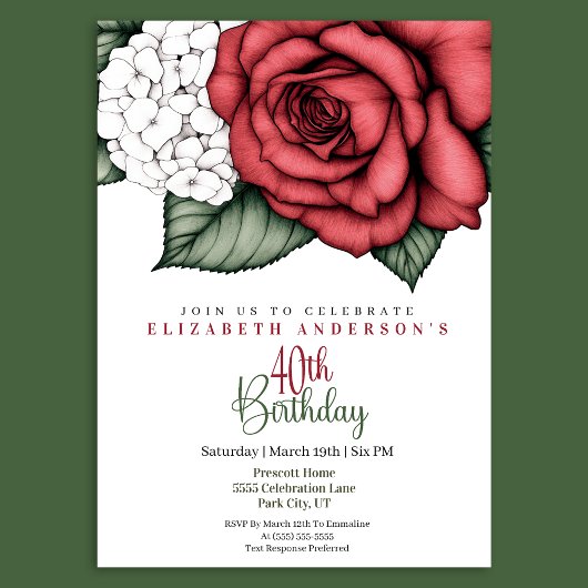 Invitation Elegant Red Rose 40th Birthday