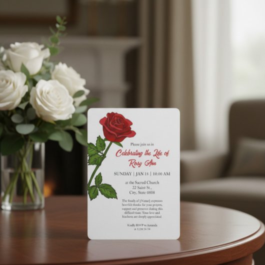 Invitation Elegant Red Rose "Celebrating the Life" Funeral