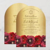 Invitation Elegant Red Rose Floral Gold Bat Mitzvah (Devant / Derrière)
