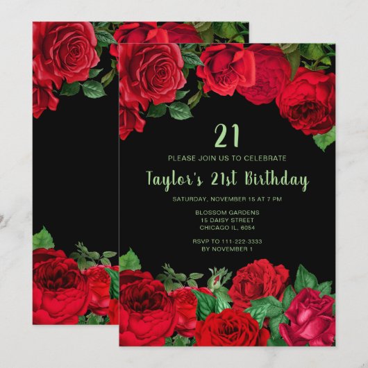 Invitation Elegant Red Roses Flowers Birthday Party (Devant / Derrière)