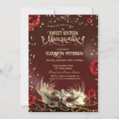 Invitation Elegant Red Roses Gold Masque Pearls Sweet 16   (Devant)
