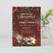 Invitation Elegant Red Roses Gold Masque Pearls Sweet 16   (Debout devant)