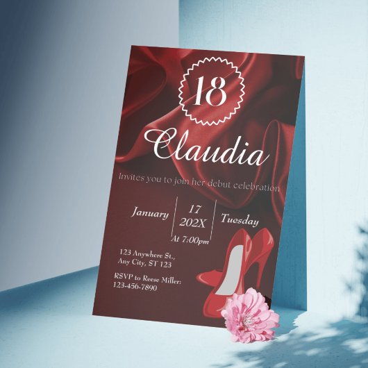 Invitation Elegant Red Silk & Royal Blue 18th Birthday  