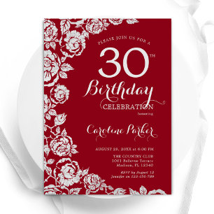 Invitation Elégant Red Silver Roses 30e anniversaire fête