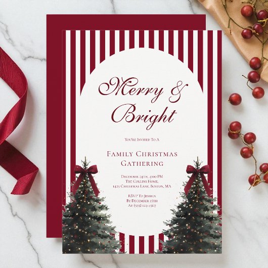 Invitation Elegant Red Watercolor Bow Family Christmas Party