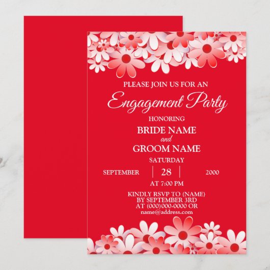Invitation Elegant Red White Floral Engagement Party (Devant / Derrière)