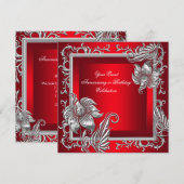 Invitation Élégant Regal rouge Silver Floral Party (Devant / Derrière)