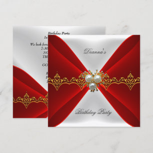 Invitation Élégant Régale Rouge Anniversaire Or Bijou Soie Bl