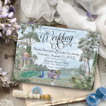 Invitation Elégant Regency Era Peacock Vintage Garden Mariage<br><div class="desc">Cette élégante invitation de mariage esthétique du jardin anglais Regency Era présente une douce glycine bleu, vert et violet couleur aquarelle, la scène florale et botanique de Bridgerton, avec le script "le mariage" et les détails de l'invitation de mariage sur le devant, avec le thème de jardin répétitif, le monogramme...</div>