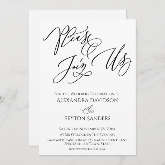 Invitation Élégant "Rejoignez-nous" Mariage Noir & Blanc (Devant / Derrière)