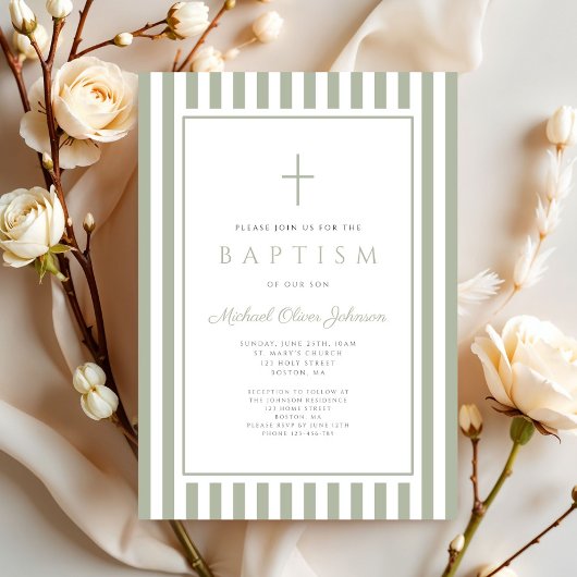 Invitation Elegant Religious Sage Green Boy Baptism