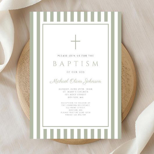 Invitation Elegant Religious Sage Green Boy Baptism