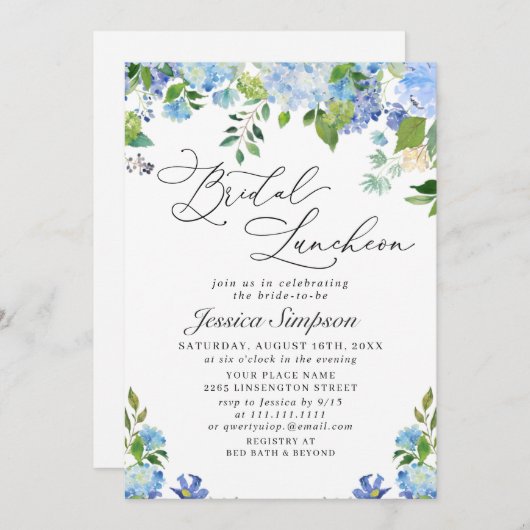 Invitation Élégant repas nuptial bleu Hydrangea aquarelle (Devant / Derrière)