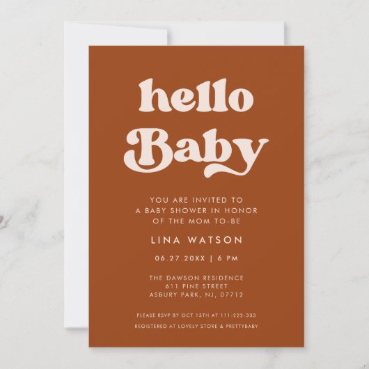 Invitation Élégant rétro Burnt Orange Hello Baby (Devant)