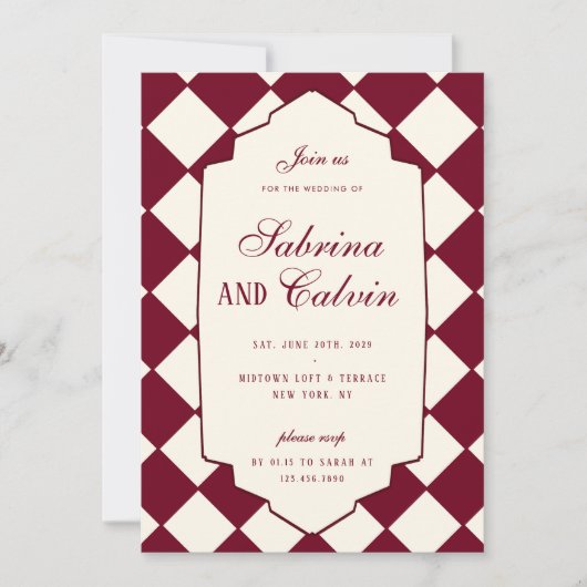 Invitation Elegant Retro Checkered Burgundy Wedding (Devant)