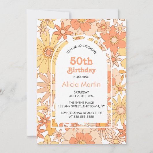 Invitation Elégant Retro Orange Peach Flora 50e anniversaire (Devant)