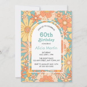 Invitation Elégant Retro Orange Peach Flora 60e anniversaire