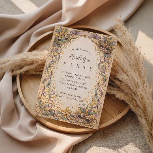 Invitation Elegant Ribbon Mask Mardi Gras Masquerade