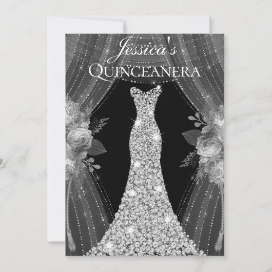 Invitation Élégant rideaux d'argent robe Quinceanera Party (Devant)