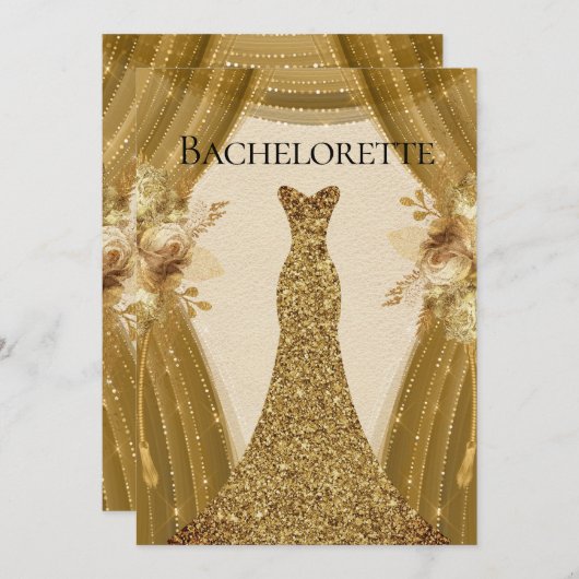Invitation Élégant Rideaux Or Robe Bachelorette Party (Devant / Derrière)
