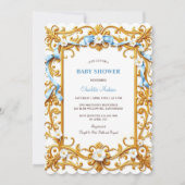 Invitation Elégant Rococo Blue Gold Floral Boy Baby shower (Devant)