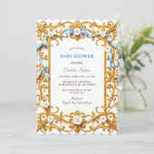 Invitation Elégant Rococo Blue Gold Floral Boy Baby shower (Debout devant)