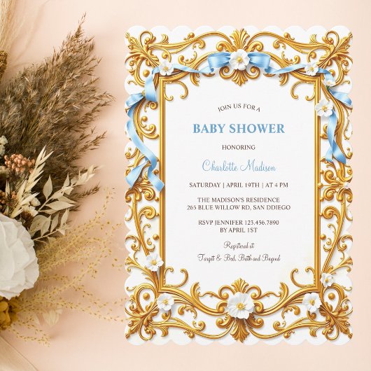 Invitation Elégant Rococo Blue Gold Floral Boy Baby shower