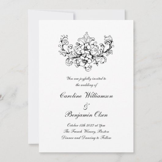 Invitation Elégant Rococo Ornate Mariage noir et blanc (Devant)