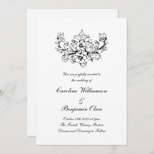 Invitation Elégant Rococo Ornate Mariage noir et blanc (Devant / Derrière)