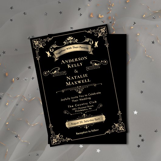 Invitation Elégant Rococo Ornement Black & Gold Mariage