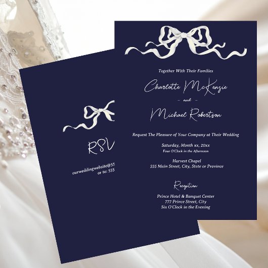 Invitation Elegant Romantic Navy Ribbon Wedding