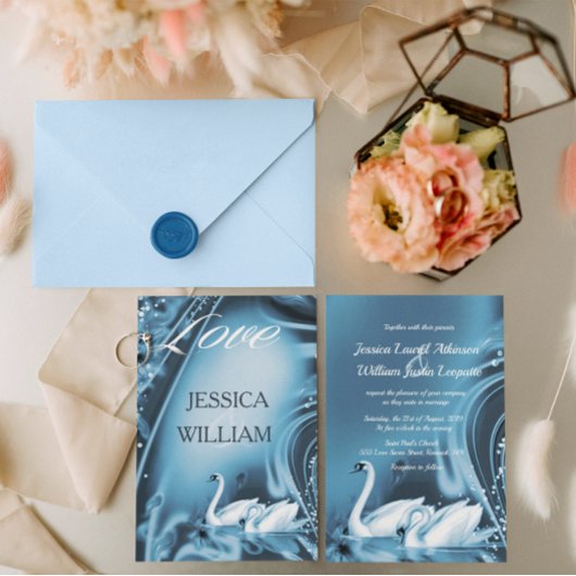 Invitation Elégant Romantique Bleu Cygne Amour Mariage Invite