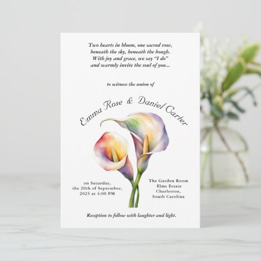 Invitation Elégant romantique Calla Lily Aquarelle douce Past (Debout devant)