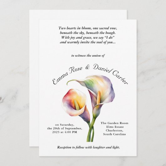 Invitation Elégant romantique Calla Lily Aquarelle douce Past (Devant / Derrière)