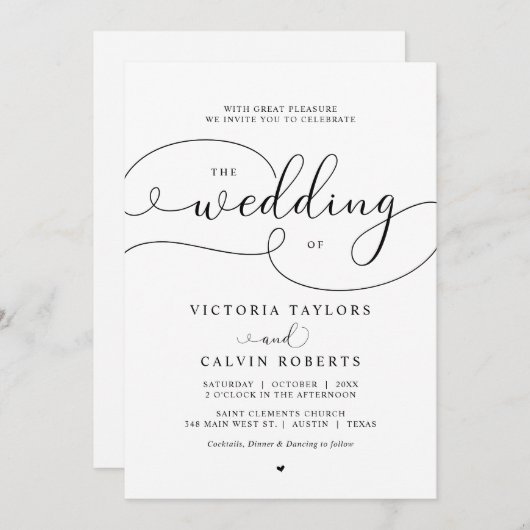 Invitation Élégant romantique calligraphie Script Mariage Inv (Devant / Derrière)