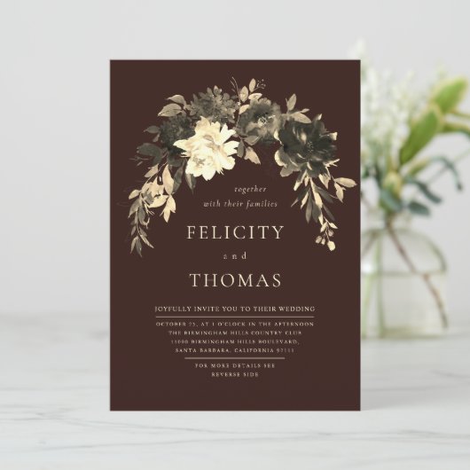 Invitation Élégant romantique Chocolat foncé QR Code Mariage (Debout devant)