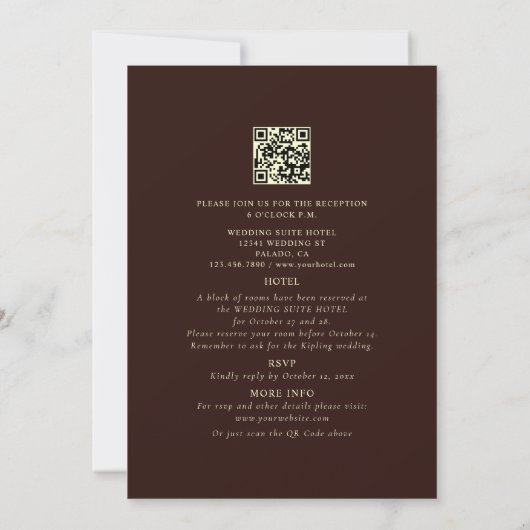 Invitation Élégant romantique Chocolat foncé QR Code Mariage (Dos)