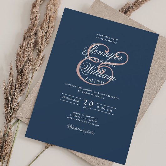 Invitation Élégant Romantique Mariage classique Blush + bleu