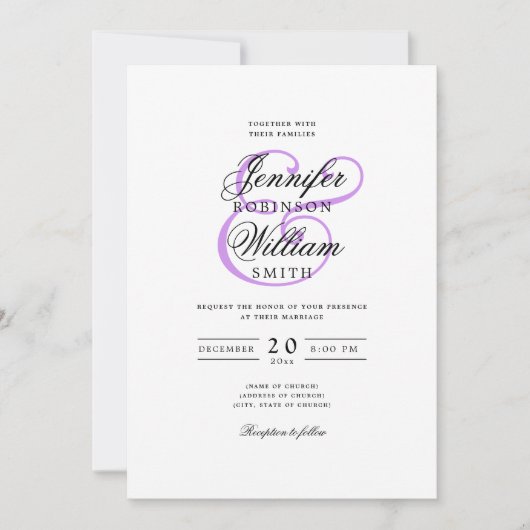 Invitation Élégant Romantique Mariage classique Script violet (Devant)