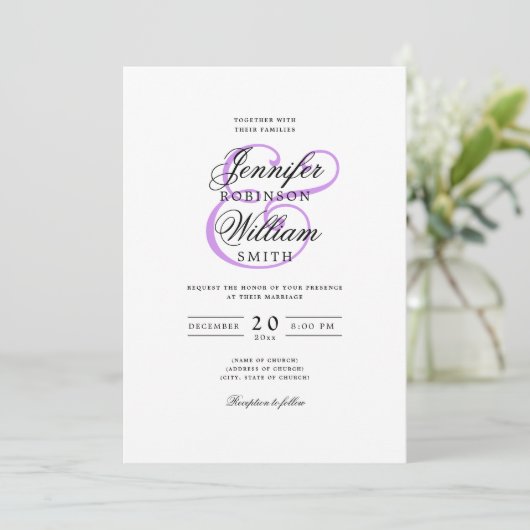 Invitation Élégant Romantique Mariage classique Script violet (Debout devant)