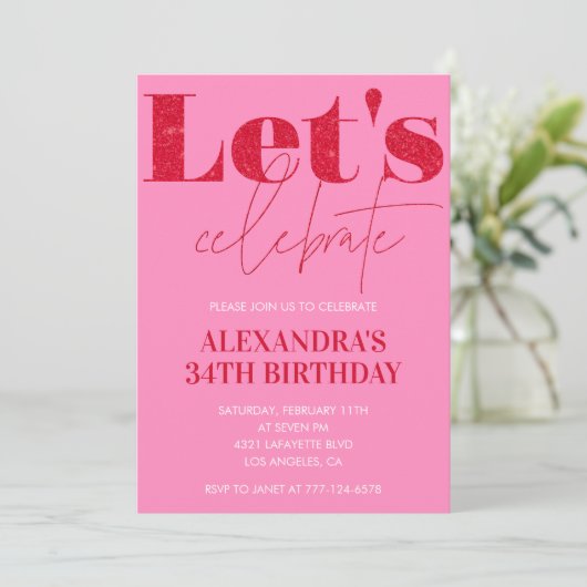 Invitation Elégant rose 34e anniversaire Parties scintillant (Debout devant)