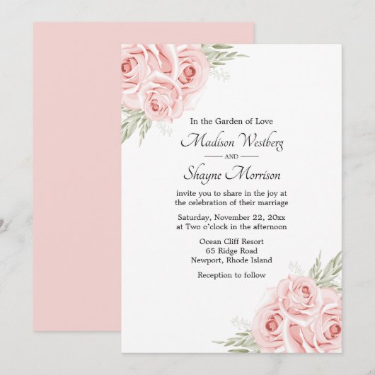 Invitation Elégant Rose Aquarelle Blush Rose Floral Mariage (Devant / Derrière)