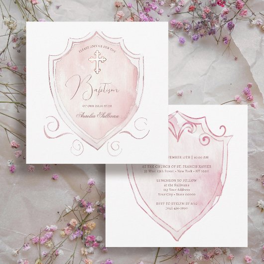 Invitation Élégant rose Aquarelle Crest Baptême