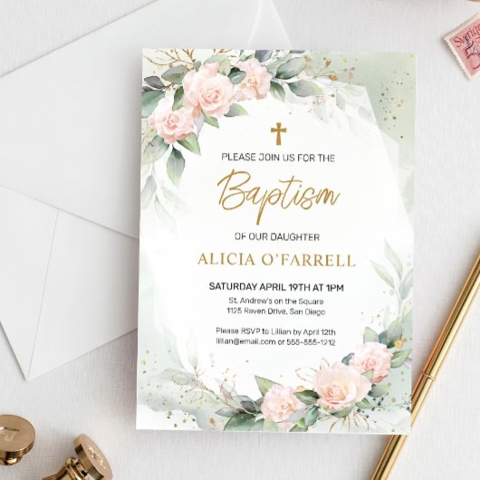 Invitation Elégant rose Aquarelle Fleurs Verdure Baptême