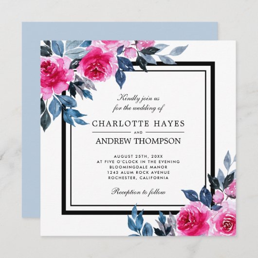 Invitation Elégant Rose aquarelle Floral Carré Mariage (Devant / Derrière)