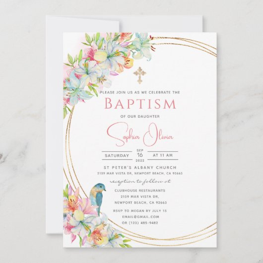 Invitation Elégant rose Aquarelle Floral Girl Baptism (Devant)