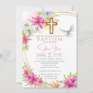 Invitation Elégant rose Aquarelle Floral Girl Baptism