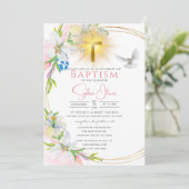 Invitation Elégant rose Aquarelle Floral Girl Baptism (Debout devant)